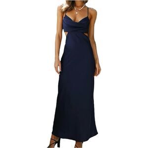 NWT Womens Fiemaoves Evening Gown Satin Silk Slip Backless Navy Maxi Dress - L